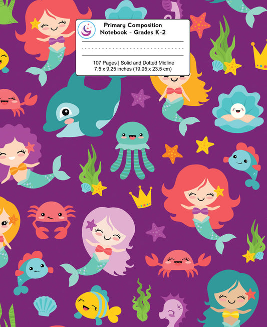 Primary composition notebook with purple cover featuring mermaids and marine animals. Designed for grades K-2 with half drawing space and half ruled lines for young writers.