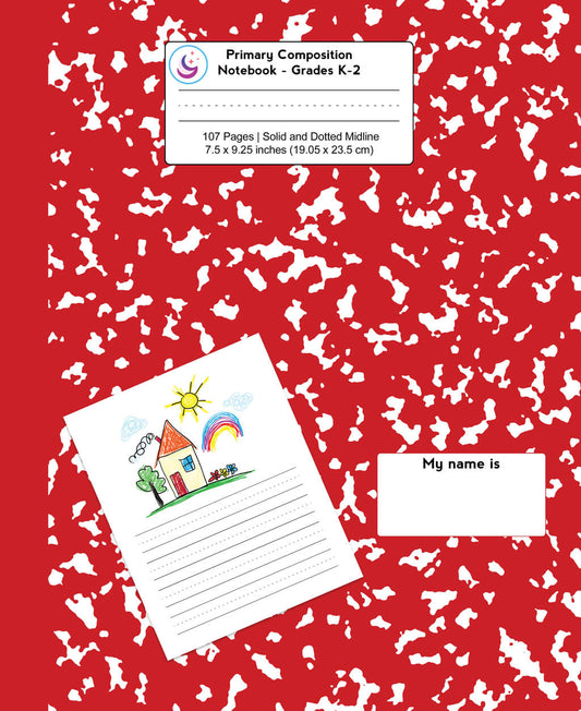 Cover of a red marble design notebook with guided pages for handwriting and drawing, intended for primary school students.