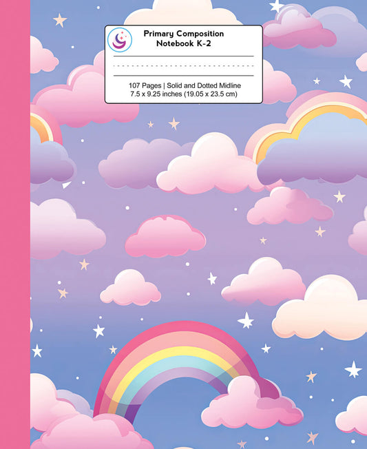 Primary Composition Notebook K-2: Purple and Pink Clouds with Stars and Rainbow
