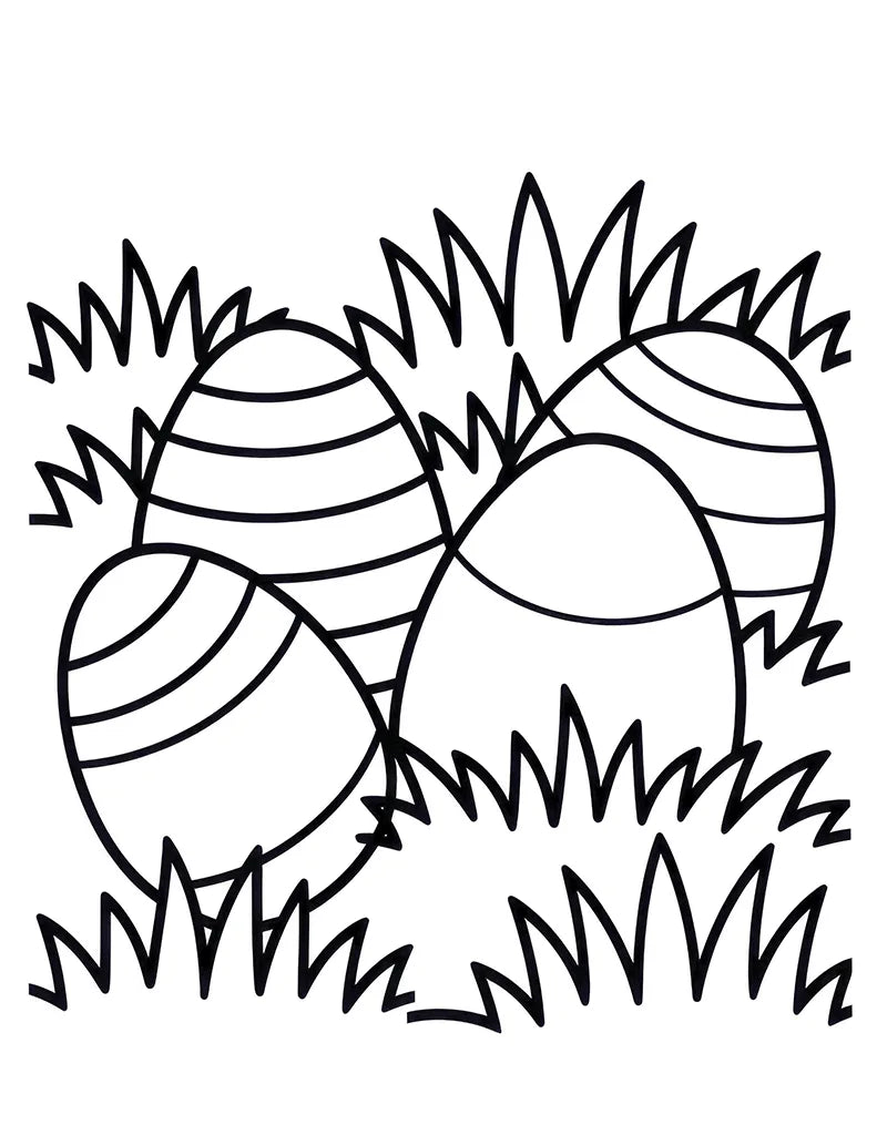 Free Easter coloring page for toddlers showing four Easter eggs nestled in grass