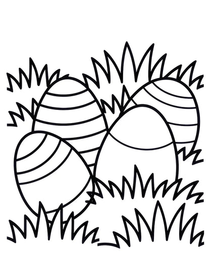 Free Easter coloring page for toddlers showing four Easter eggs nestled in grass