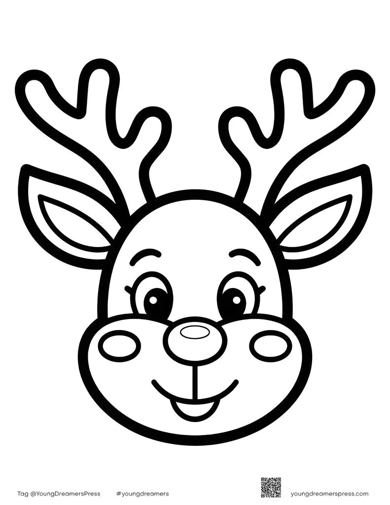 Easy reindeer face coloring page for toddlers with big antlers and a round nose