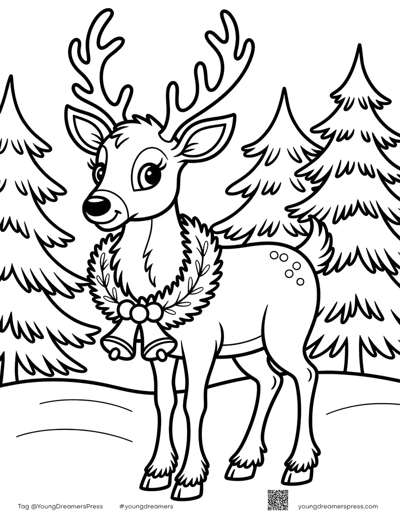 Reindeer wearing a wreath with bells in a snowy winter forest coloring page