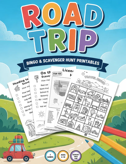 Road Trip Bingo & Scavenger Hunt Printables Pack for Kids