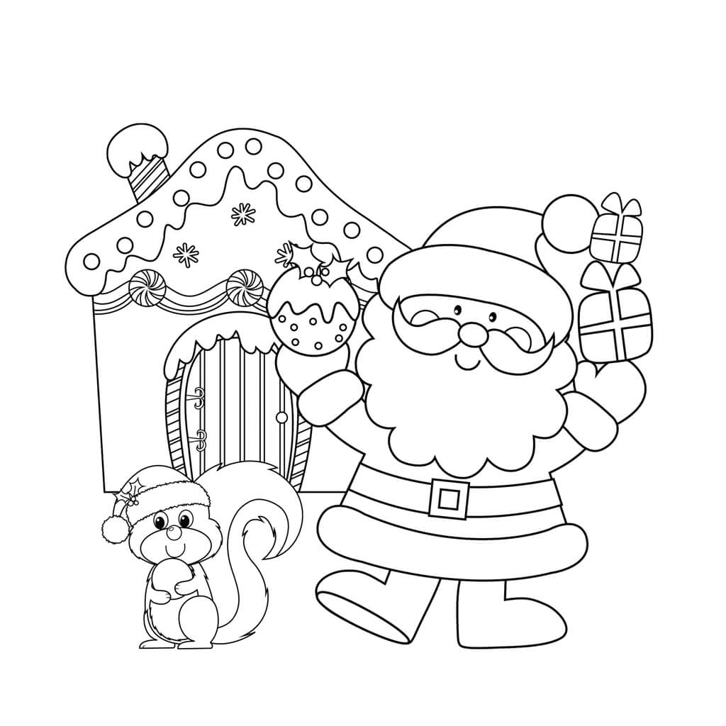 Santa Claus with squirrel kids coloring page
