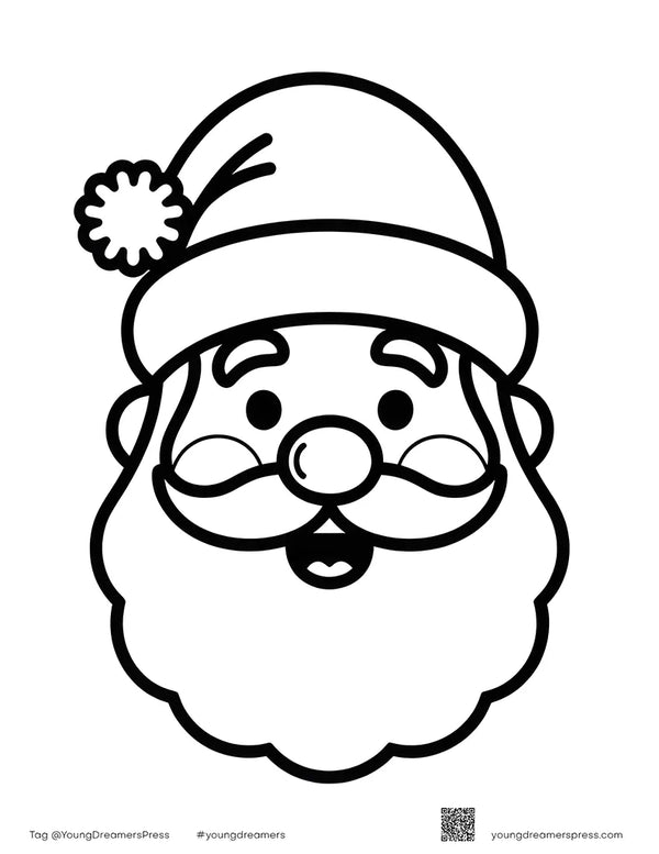 Easy Santa face Christmas coloring page for toddlers with a pom-pom hat and fluffy beard