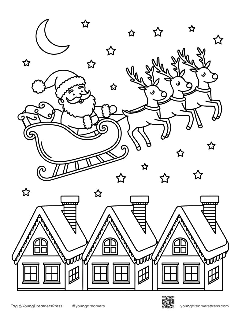 Santa sleigh and three reindeer flying over snowy rooftops in a Christmas coloring page