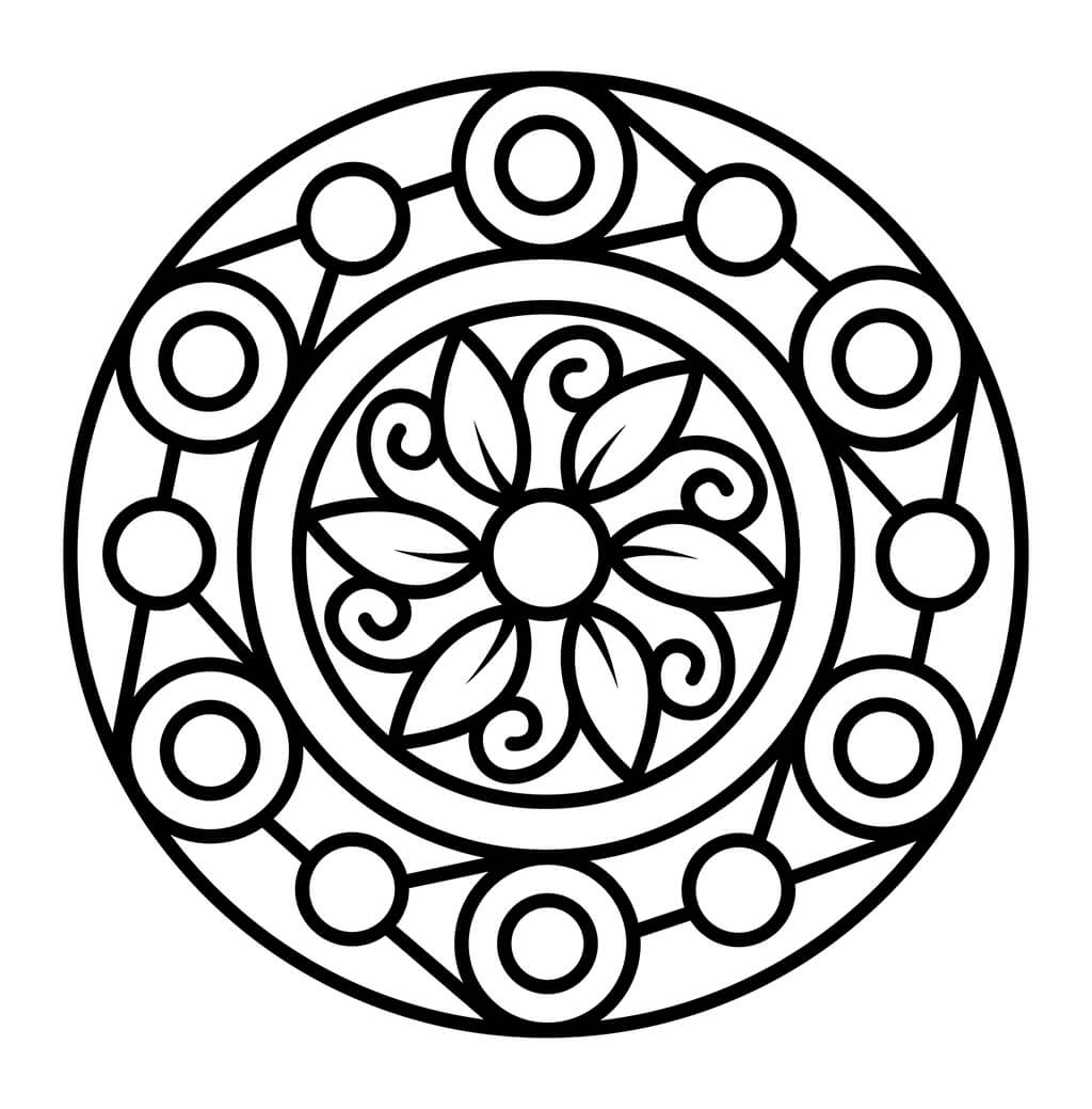 Simple mandala coloring page with circles and flower petals in a thick outline