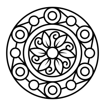 Simple mandala coloring page with circles and flower petals in a thick outline