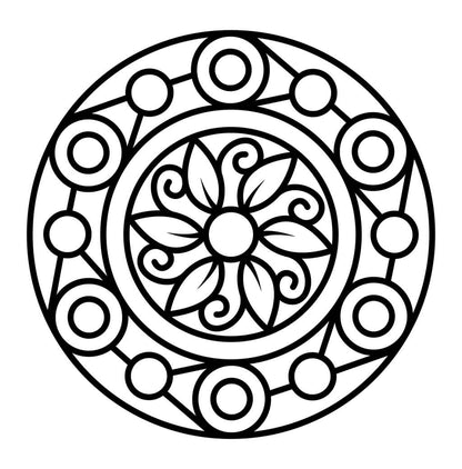 Simple mandala coloring page with circles and flower petals in a thick outline