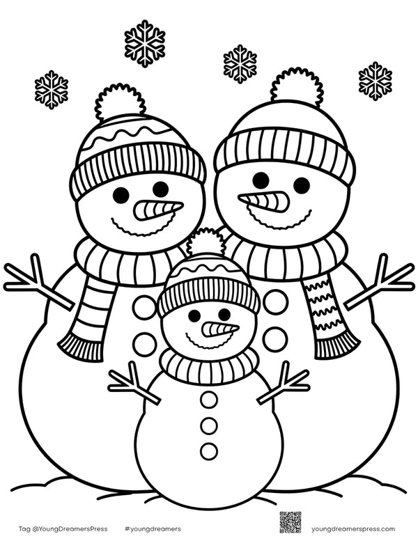 Snowman family coloring page printable for kids with striped hats, scarves and twig arms