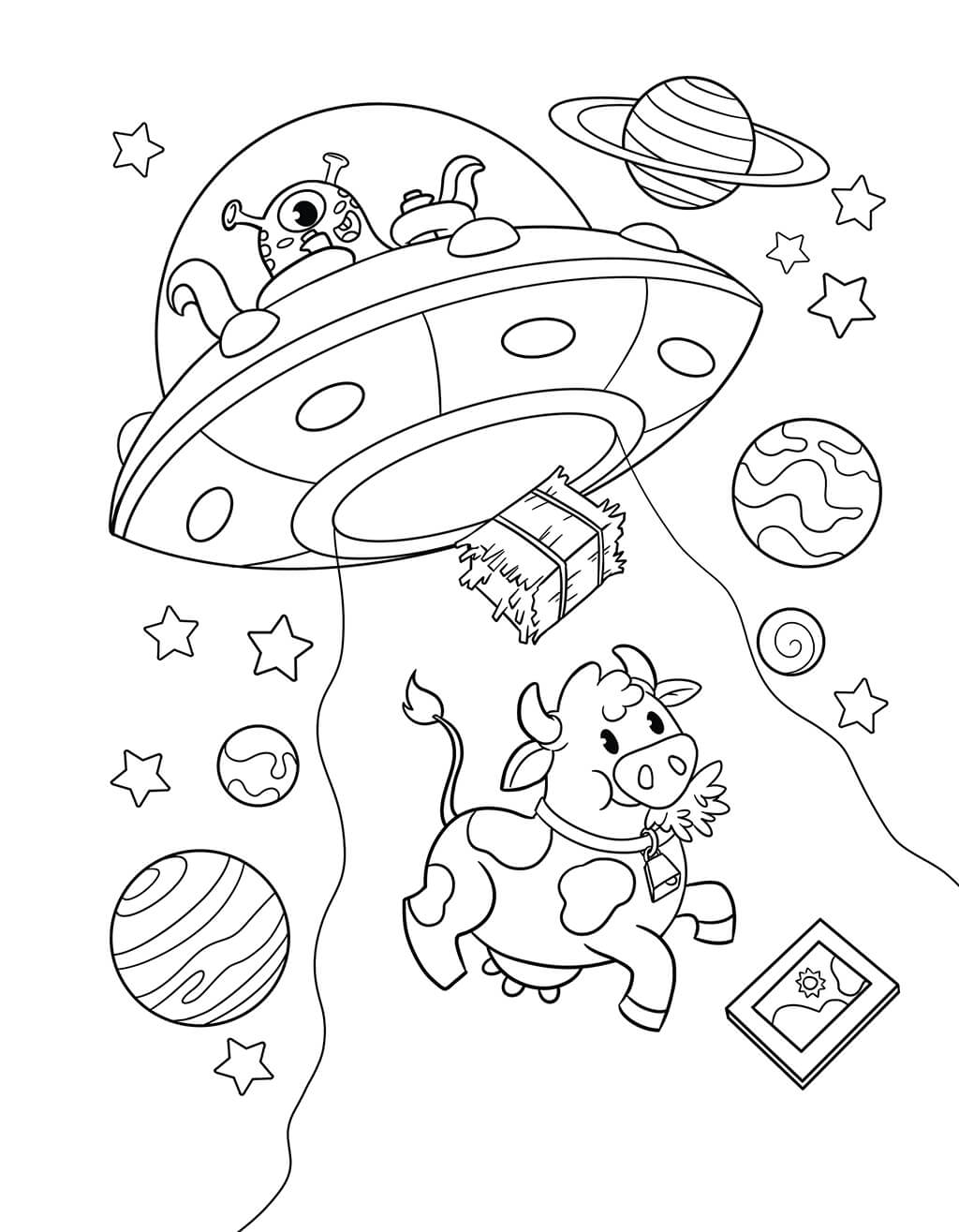 UFO and alien taking cow in beam coloring page