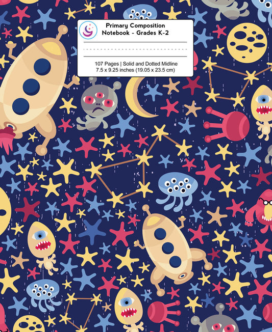 Space alien primary composition notebook for grades K-2 featuring cartoon aliens, spaceships, monsters, and stars on a dark blue background. Contains 107 pages with dotted midlines.