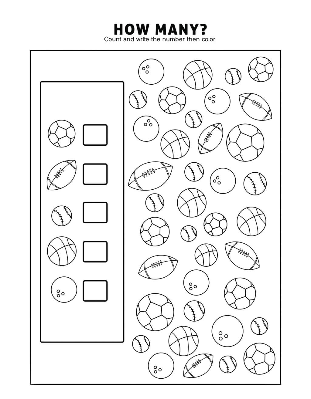 Counting game featuring balls from various sports