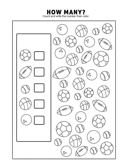 Counting game featuring balls from various sports