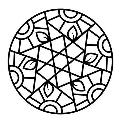 Geometric star mandala coloring page with thick lines and leaf shapes for kids