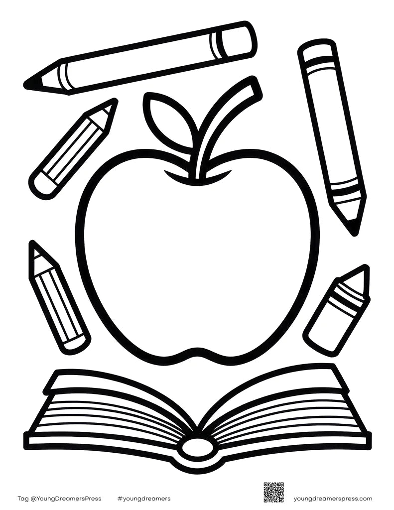 Easy Free Apple and Pencils Teacher Coloring Page for Kids
