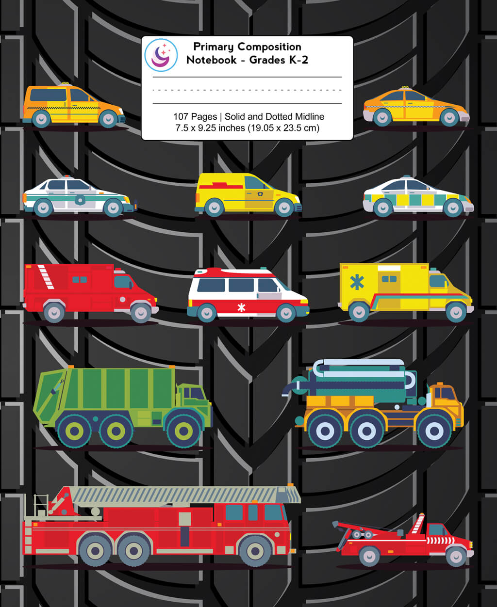 Primary Composition Notebook: Things That Go, Cars, Trucks, Firetruck