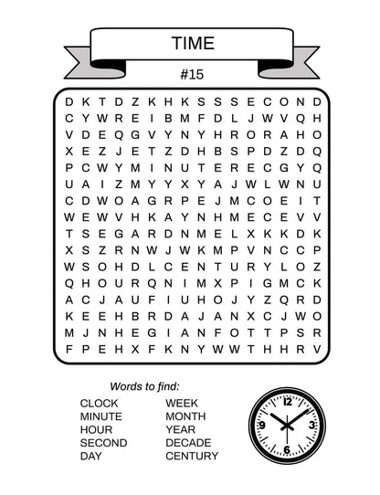 Time-themed word search puzzle #15 for kids ages 6-8 with vocabulary including clock, minute, hour and century. Includes clock illustration for coloring, combining fun and educational value.