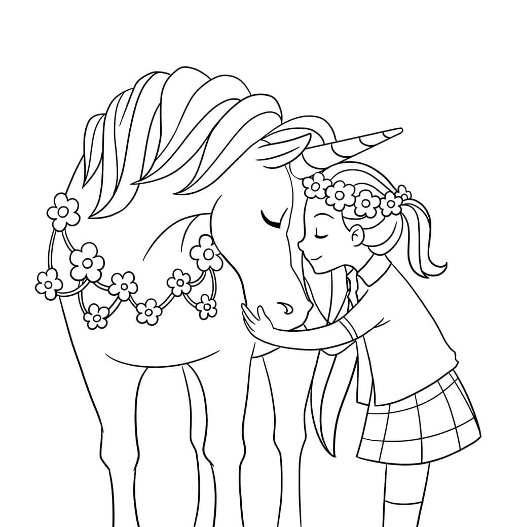 Young girl petting a unicorn with flowers around its neck