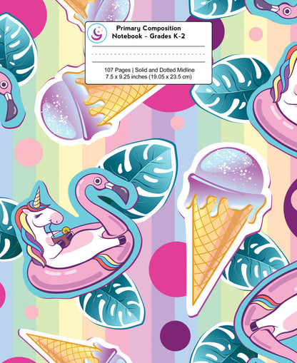 Primary Composition Notebook: Unicorn Flamingo and Ice Cream Cones