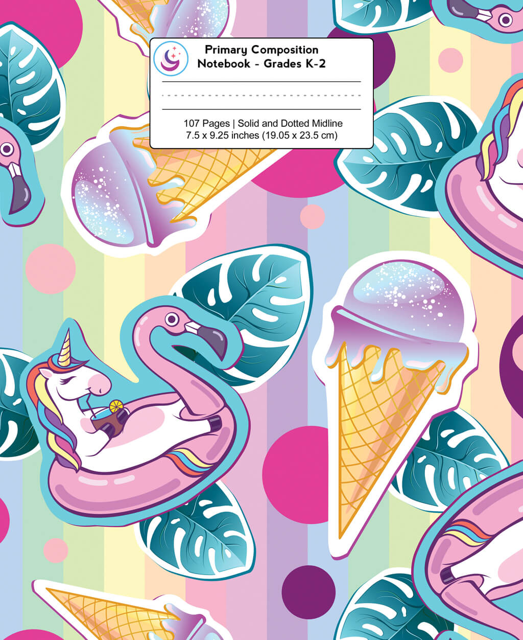 Primary Composition Notebook: Unicorn Flamingo and Ice Cream Cones