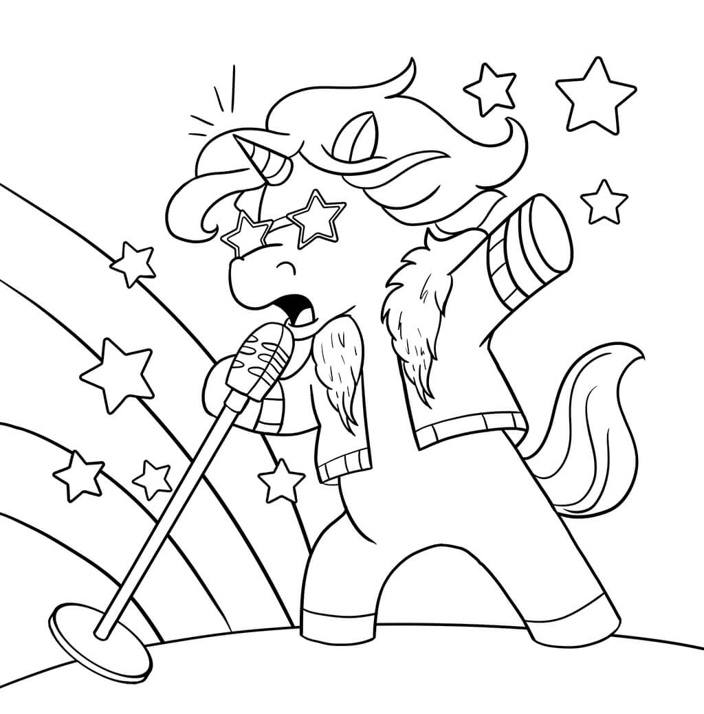 Male unicorn wearing jacket and star-shaped sunglasses singing into a microphone with rainbow and stars in background