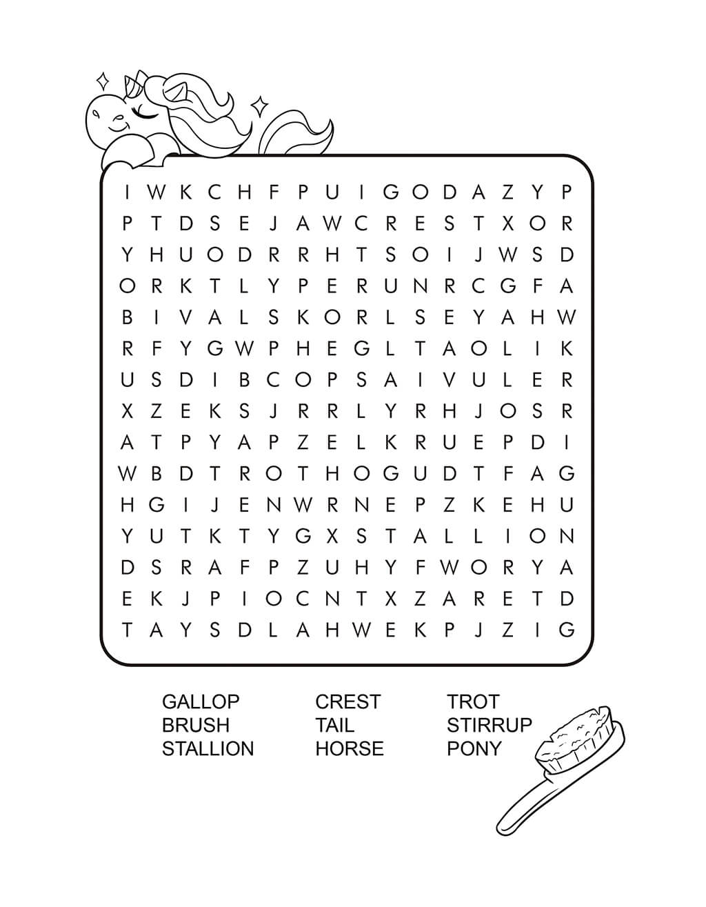 Unicorn word search for kids