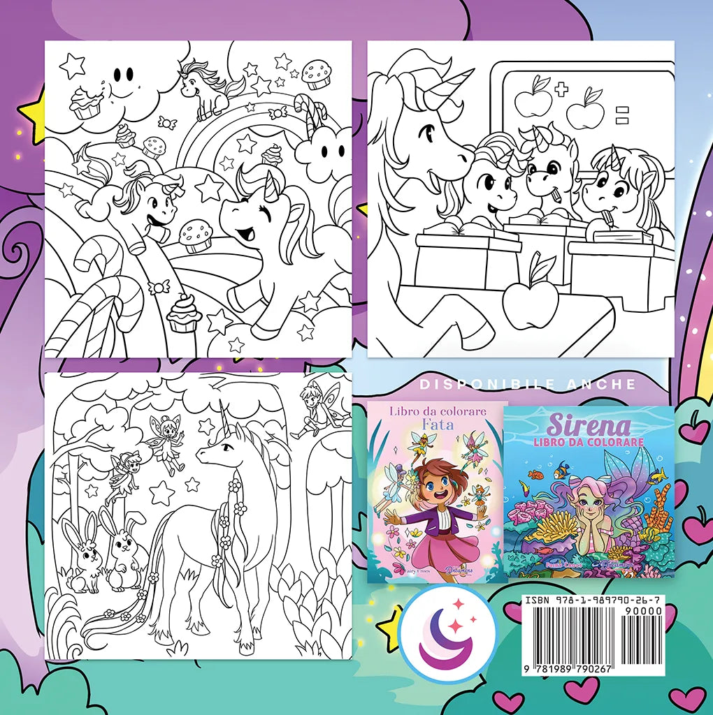 Quarta di copertina libro da colorare unicorni con pagine di esempio e titoli correlati