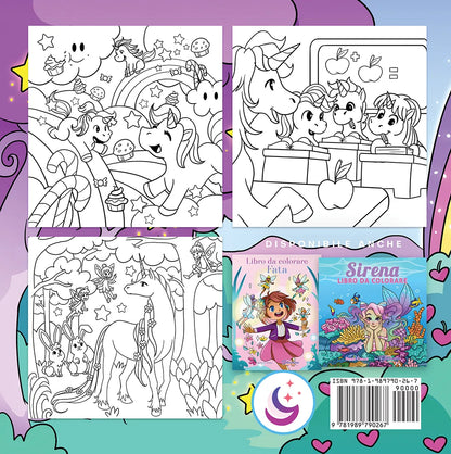 Quarta di copertina libro da colorare unicorni con pagine di esempio e titoli correlati