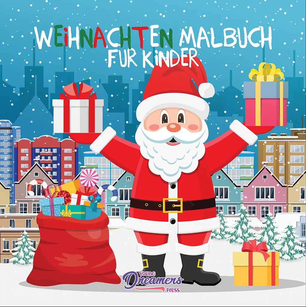 Weihnachten Malbuch für Kinder, Cover mit Weihnachtsmann, Geschenken und verschneiter Stadt