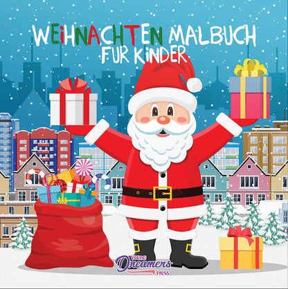Weihnachten Malbuch für Kinder, Cover mit Weihnachtsmann, Geschenken und verschneiter Stadt