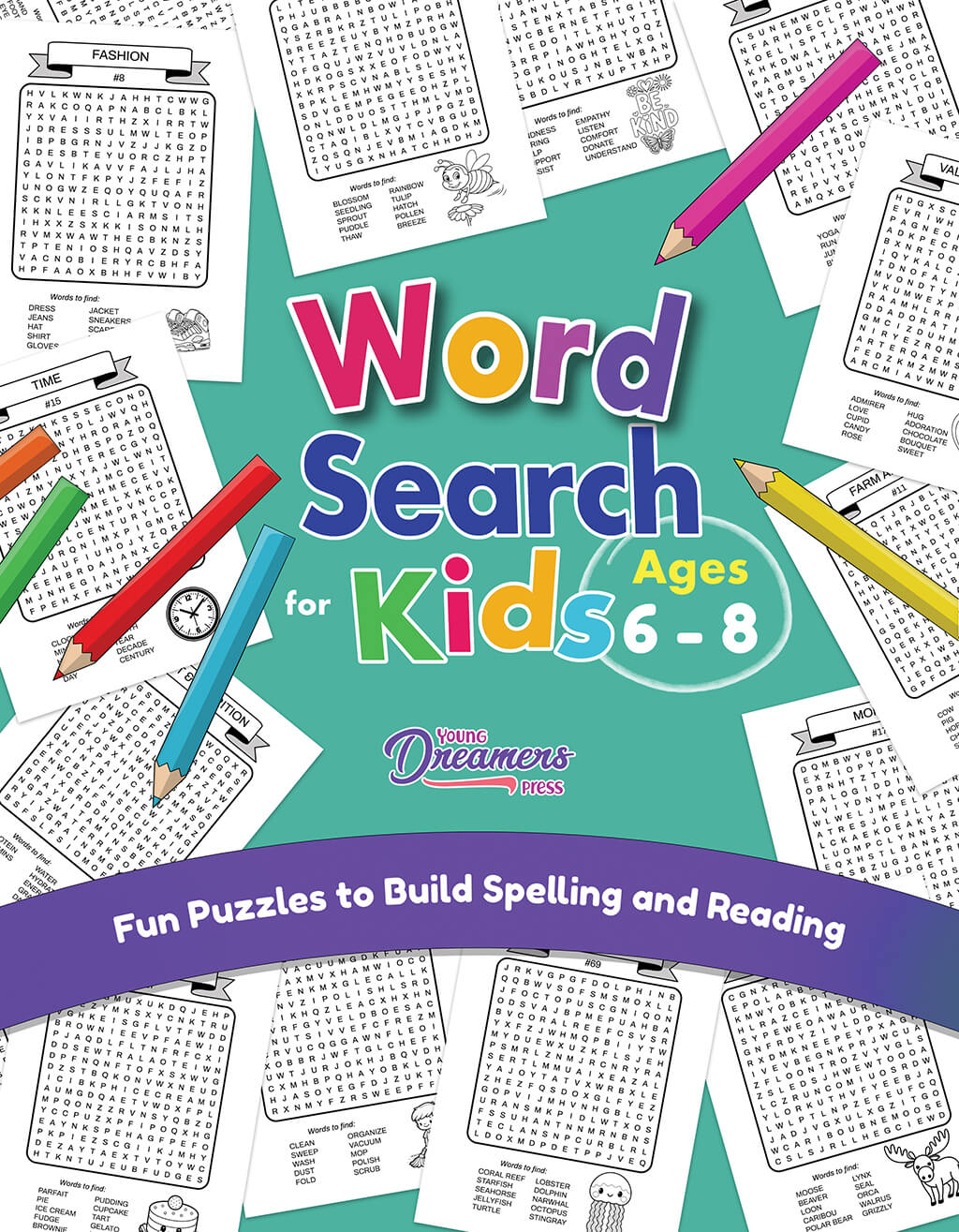 Word Search for Kids Ages 6-8 book cover featuring colorful pencil illustrations and sample word search puzzles with themes including fashion, time, and animals, designed to build spelling and reading skills.