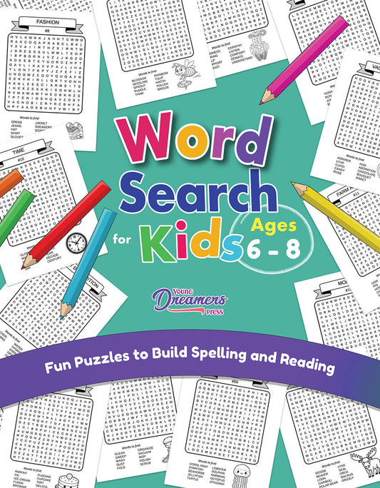 Word Search for Kids Ages 6-8 book cover featuring colorful pencil illustrations and sample word search puzzles with themes including fashion, time, and animals, designed to build spelling and reading skills.