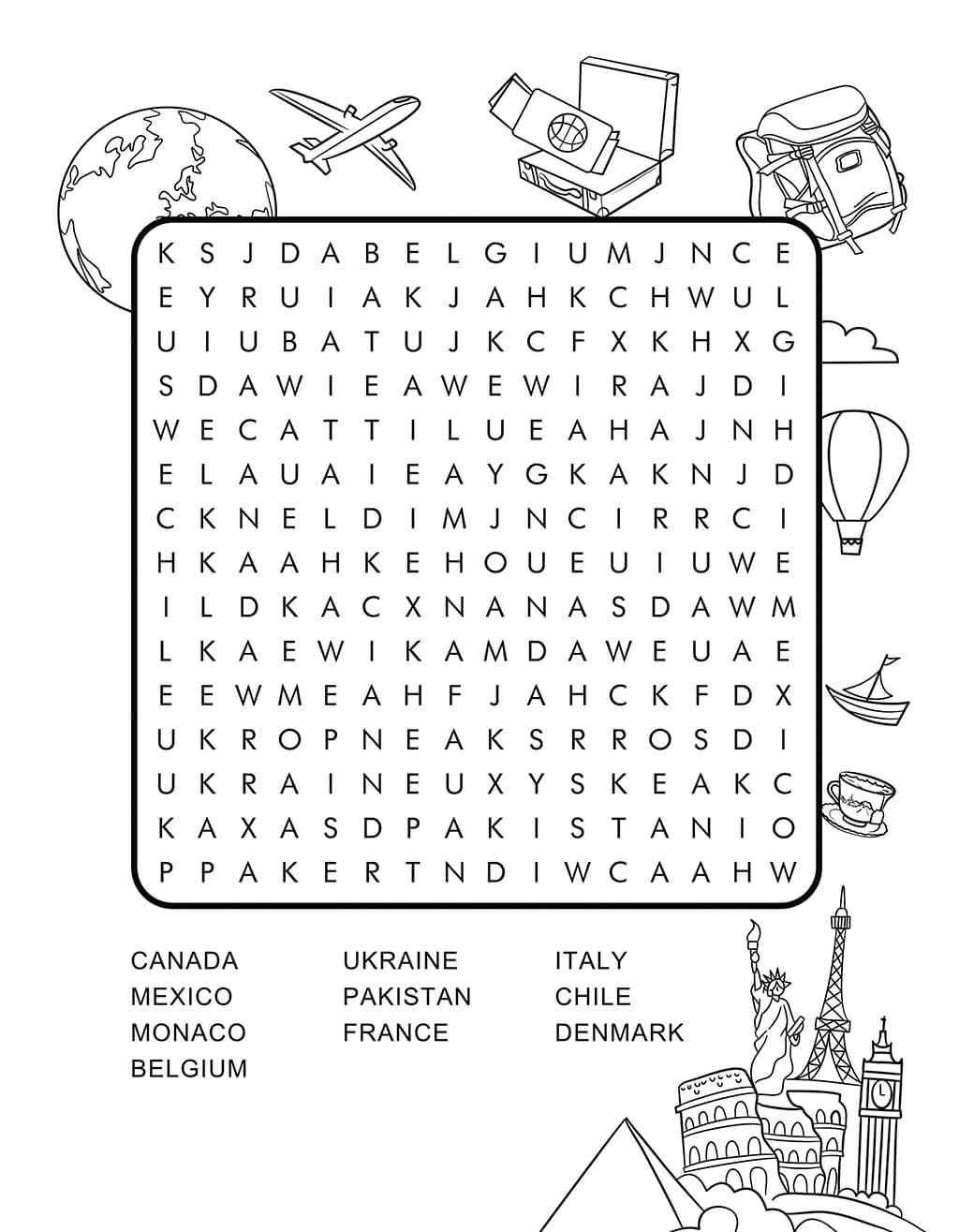 World countries word search for kids