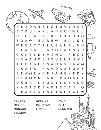 World countries word search for kids