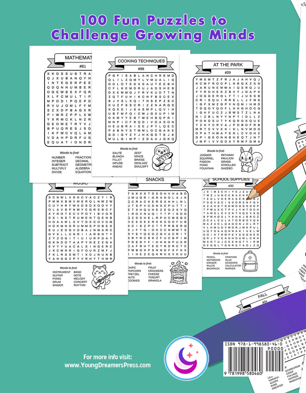 Back cover of Word Search for Kids Ages 6-8 showing sample puzzles with diverse themes including mathematics, cooking, park activities, and music. Includes '100 Fun Puzzles to Challenge Growing Minds' tagline.