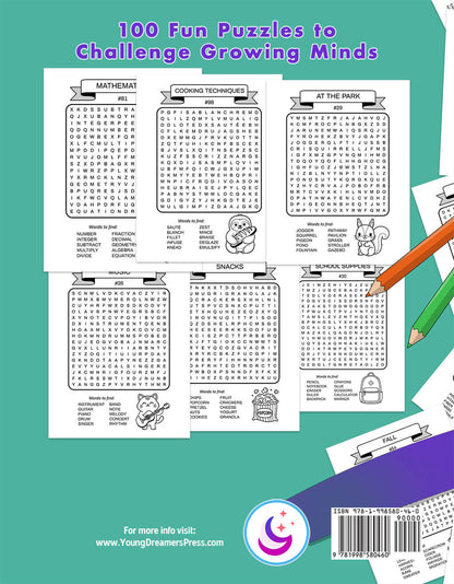Back cover of Word Search for Kids Ages 6-8 showing sample puzzles with diverse themes including mathematics, cooking, park activities, and music. Includes '100 Fun Puzzles to Challenge Growing Minds' tagline.