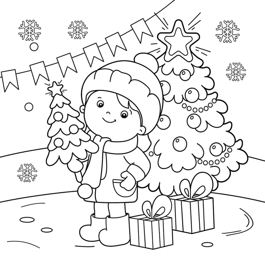 Young boy wearing winter clothing in a Christmas scene kids coloring page