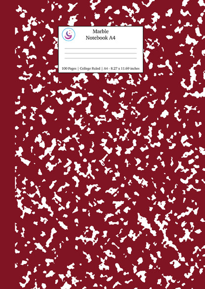 Marble Notebook A4: Burgundy Red Marble College Ruled Journal