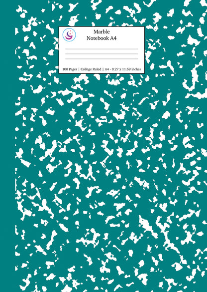 Marble Notebook A4: Teal Marble College Ruled Journal