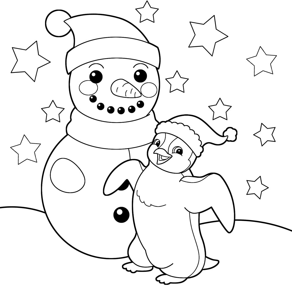Dibujo para colorear de un pingüino disfrazado de muñeco de nieve con un gorro navideño.